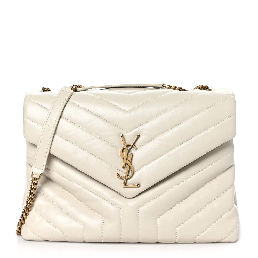 Saint Laurent Crema Soft Y-Quilted Monogram Calfskin Leather Medium Loulou Chain Satchel Silver Hardware Front replica handbag