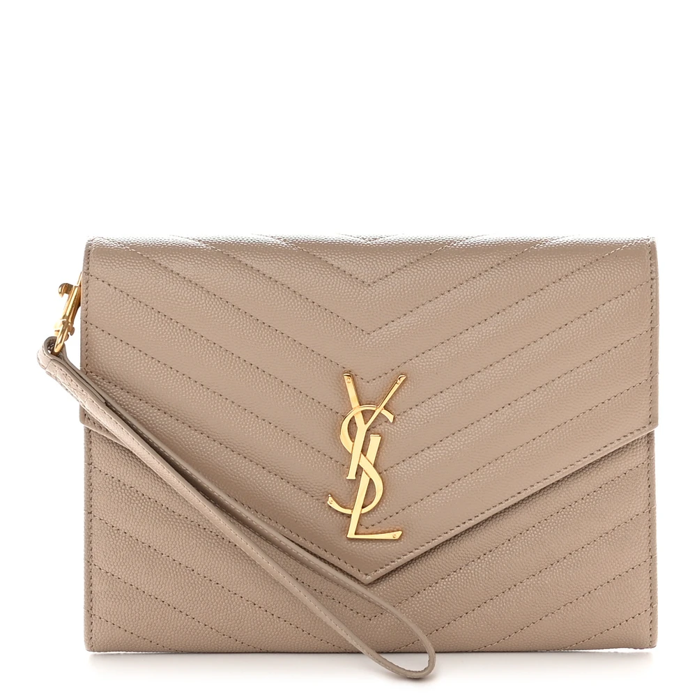 Saint Laurent Dark Beige Chevron Monogram Grain De Poudre Matelasse Leather Medium Envelope Clutch Gold Hardware Front replica handbag