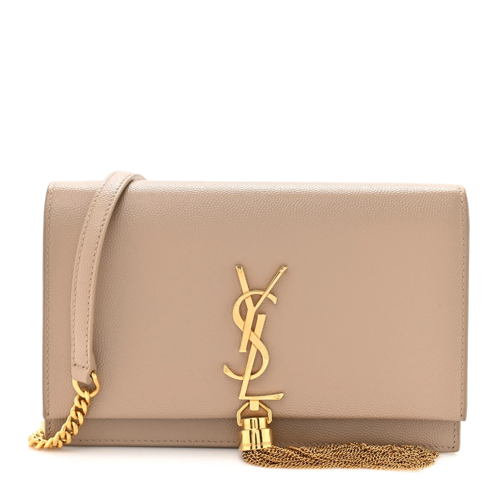 Saint Laurent Dark Beige Classic Monogram Grain De Poudre Leather Small Kate Tassel Chain Wallet Gold Hardware Front replica handbag