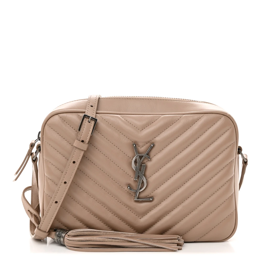 Saint Laurent Dark Beige Monogram Calfskin Matelasse Leather Medium Lou Camera Bag Ruthenium Hardware Front replica handbag
