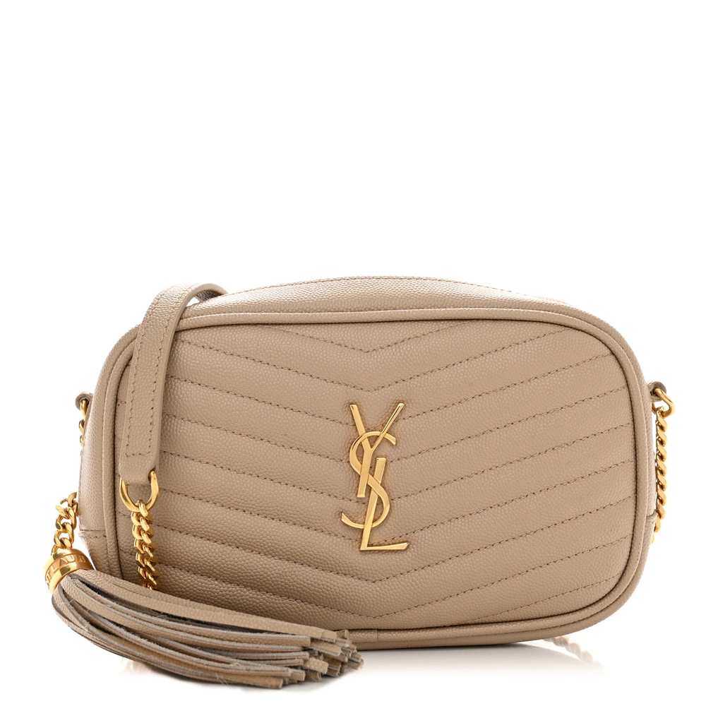 Saint Laurent Dark Beige Monogram Grain De Poudre Matelasse Leather Mini Lou Camera Bag Gold Hardware Front replica handbag