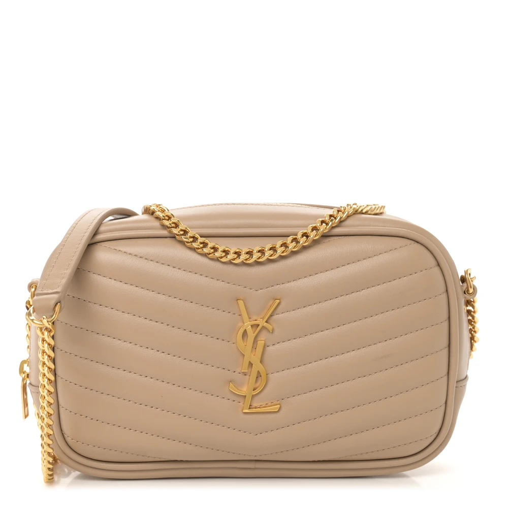 Saint Laurent Dark Beige Monogram Grain De Poudre Matelasse Leather Mini Lou Camera Bag Gold Hardware Front replica handbag