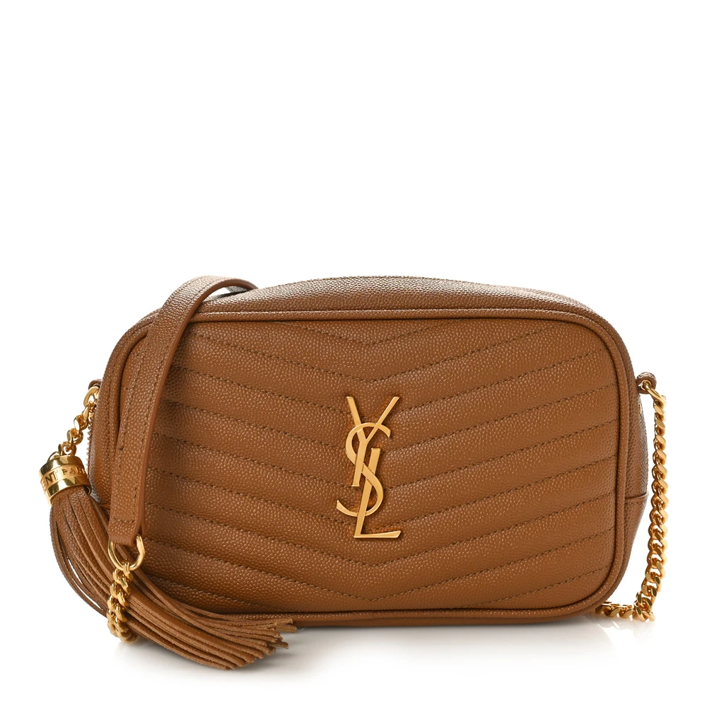 Saint Laurent Dark Natural Monogram Grain De Poudre Matelasse Leather Mini Lou Camera Bag Gold Hardware Front replica handbag