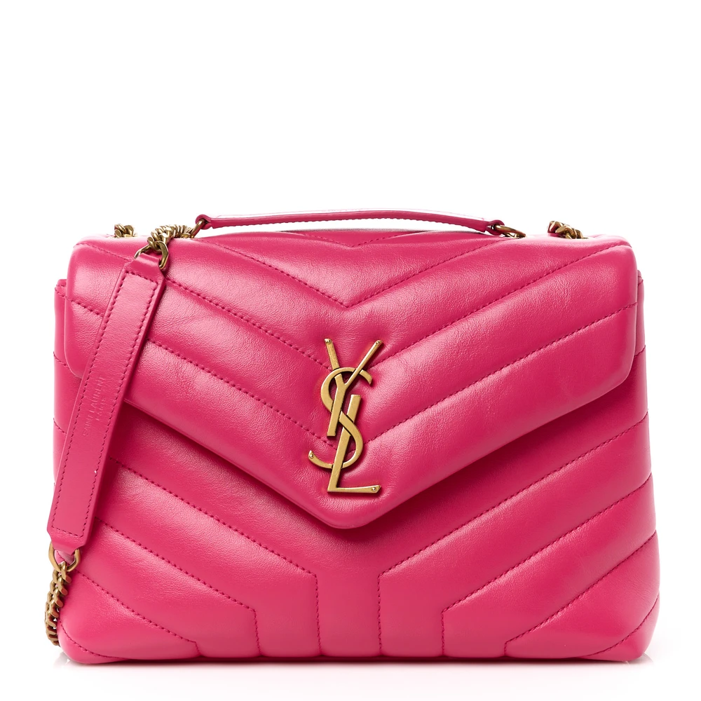 Saint Laurent Fresh Fuchsia Y-Quilted Monogram Calfskin Leather Small Loulou Chain Satchel Gold Hardware Front replica handbag