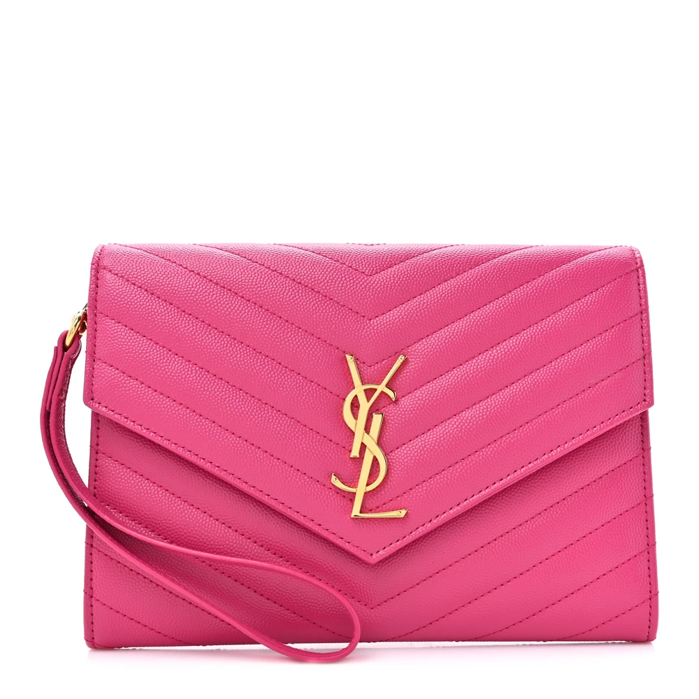 Saint Laurent Fuchsia Chevron Monogram Grain De Poudre Matelasse Leather Medium Envelope Clutch Gold Hardware Front replica handbag