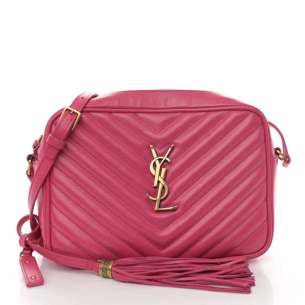 Saint Laurent Fuxia Monogram Calfskin Matelasse Leather Medium Lou Camera Bag Aged Gold Hardware Front replica handbag