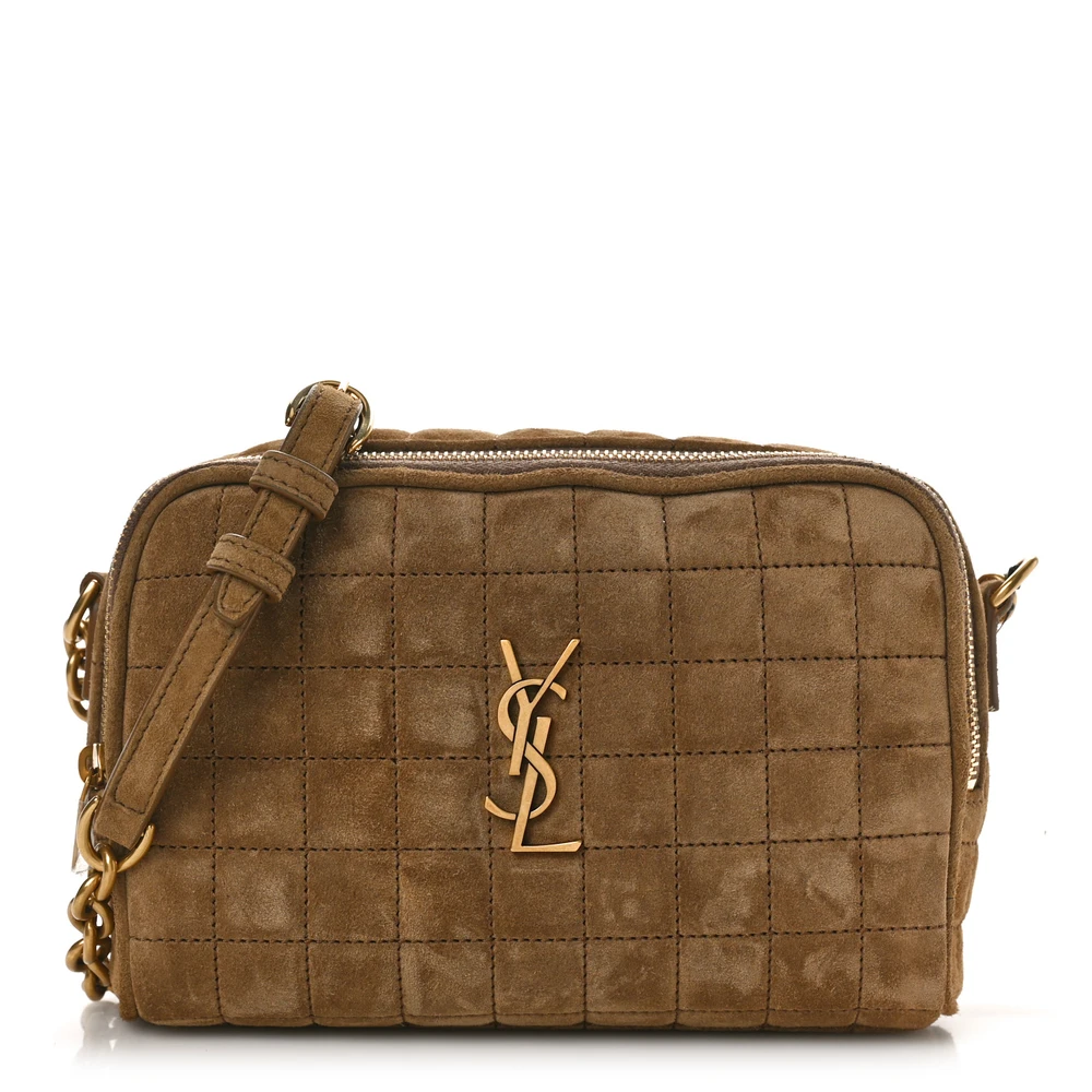 Saint Laurent Golden Leaf Quilted Monogram Suede & Calfskin Leather Mini Camera Bag Gold Hardware Front replica handbag
