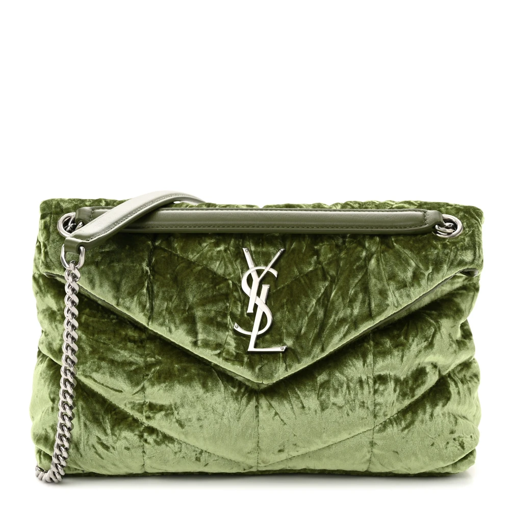 Saint Laurent Green Quilted Puffer Monogram Crushed Velvet Small Loulou Chain Satchel Silver Hardware Front replica handbag