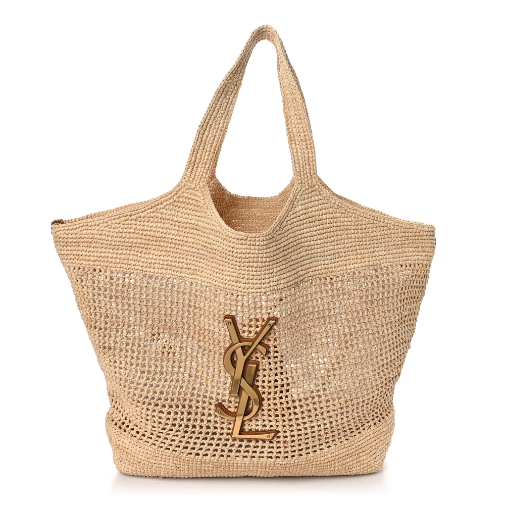 Saint Laurent Natural Raffia Large iCare Maxi Shopping Tote Brass Hardware Front replica handbag