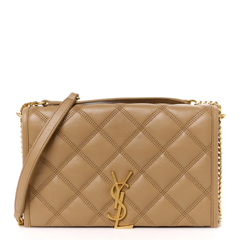 Saint Laurent Natural Tan Diamond Quilted Lambskin Leather Medium Becky Chain Wallet Gold Hardware Front replica handbag