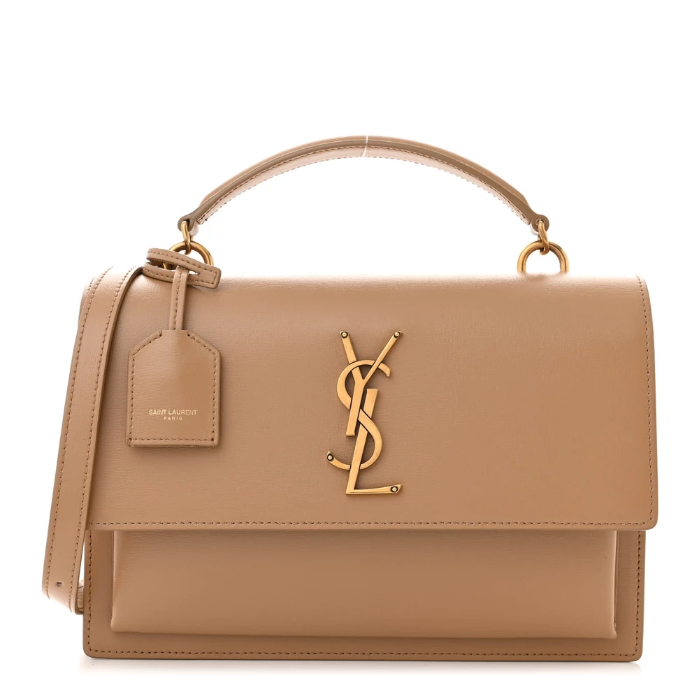 Saint Laurent Natural Tan Smooth Monogram Calfskin Leather Medium Sunset Satchel Gold Hardware Front replica handbag