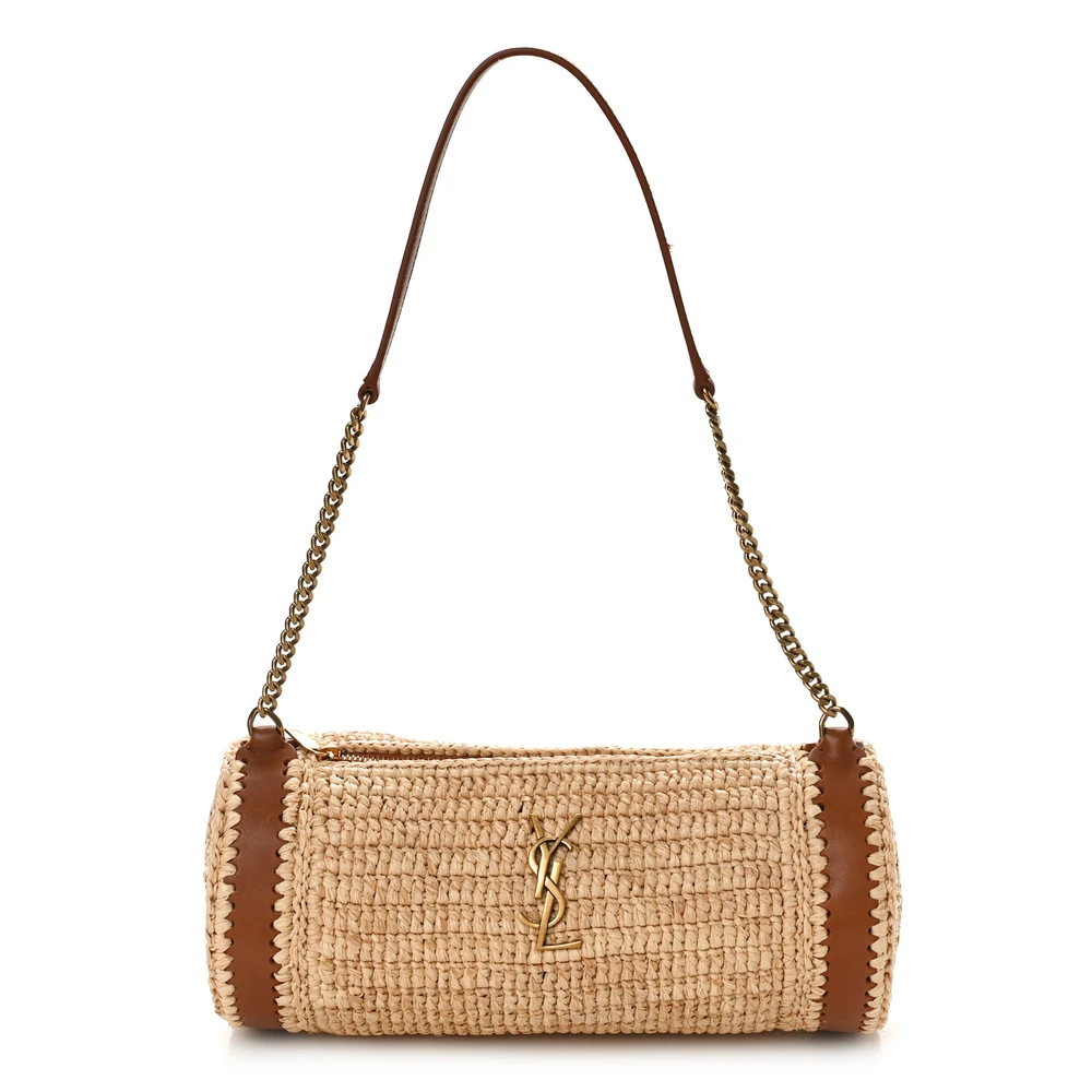 Saint Laurent Natural and Brick Monogram Raffia Small Cassandre Small Cylindric Bag Aged Gold Hardware Front replica handbag