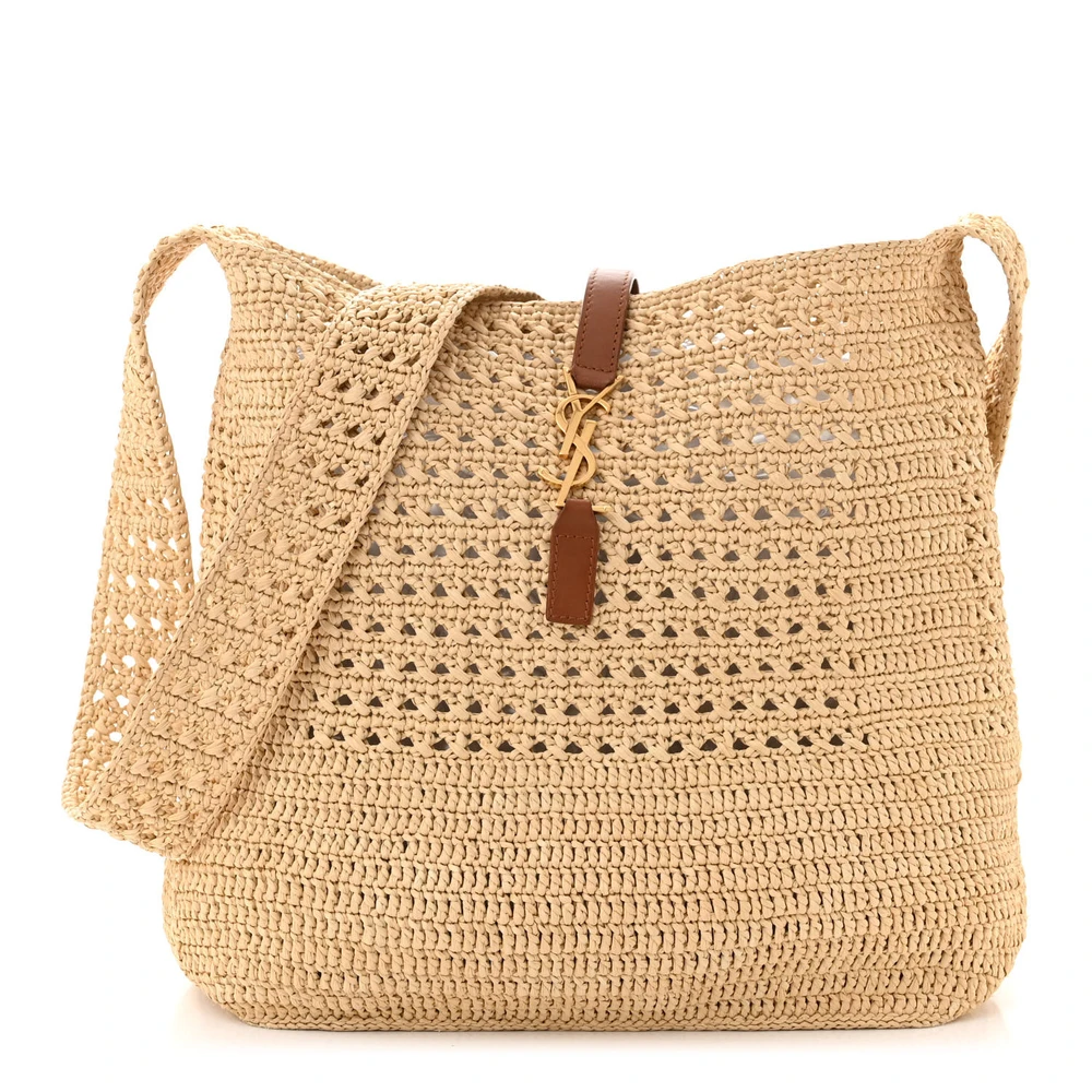 Saint Laurent Naturale Monogram Raffia Medium Hobo Aged Gold Hardware Front replica handbag