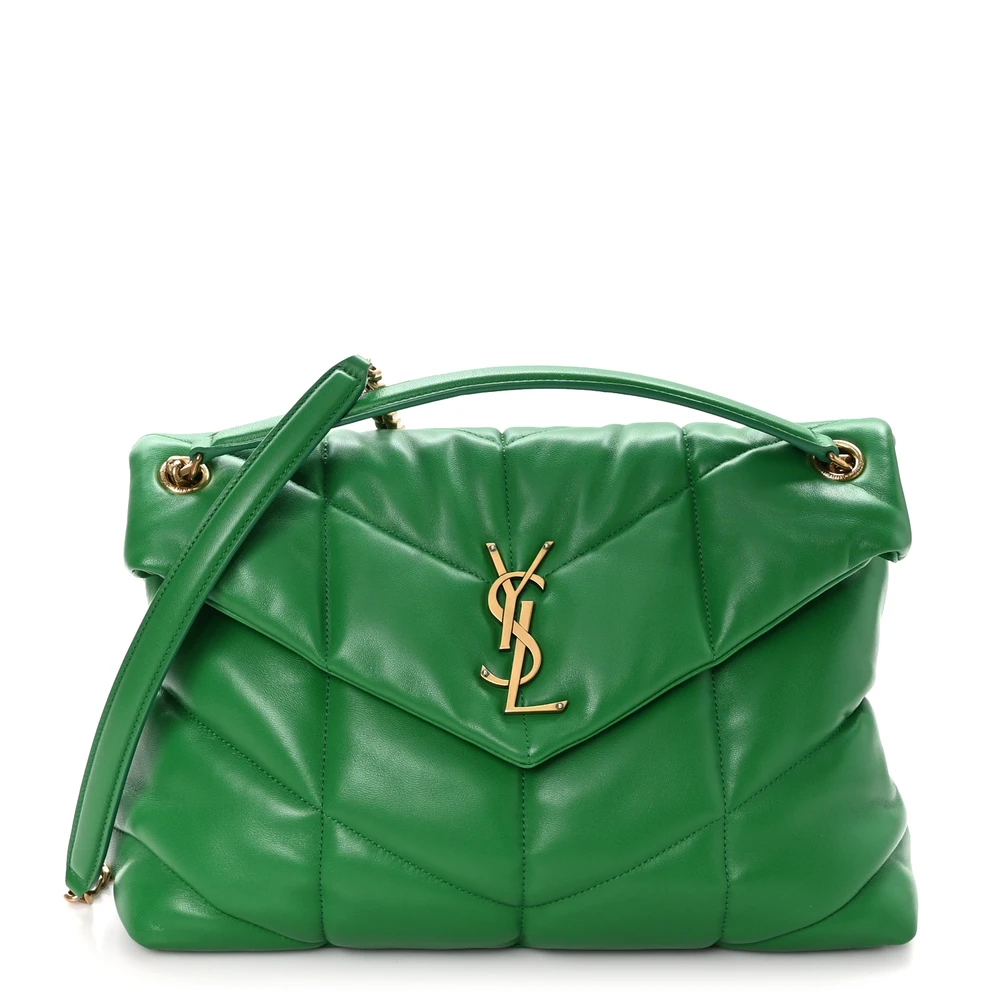 Saint Laurent New Vert Prairie Quilted Puffer Monogram Lambskin Leather Medium Loulou Chain Satchel Aged Gold Hardware Front replica handbag