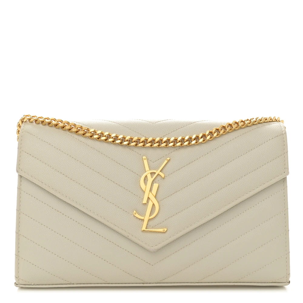 Saint Laurent Nude Powder Chevron Monogram Grain De Poudre Matelasse Leather Chain Wallet Gold Hardware Front replica handbag