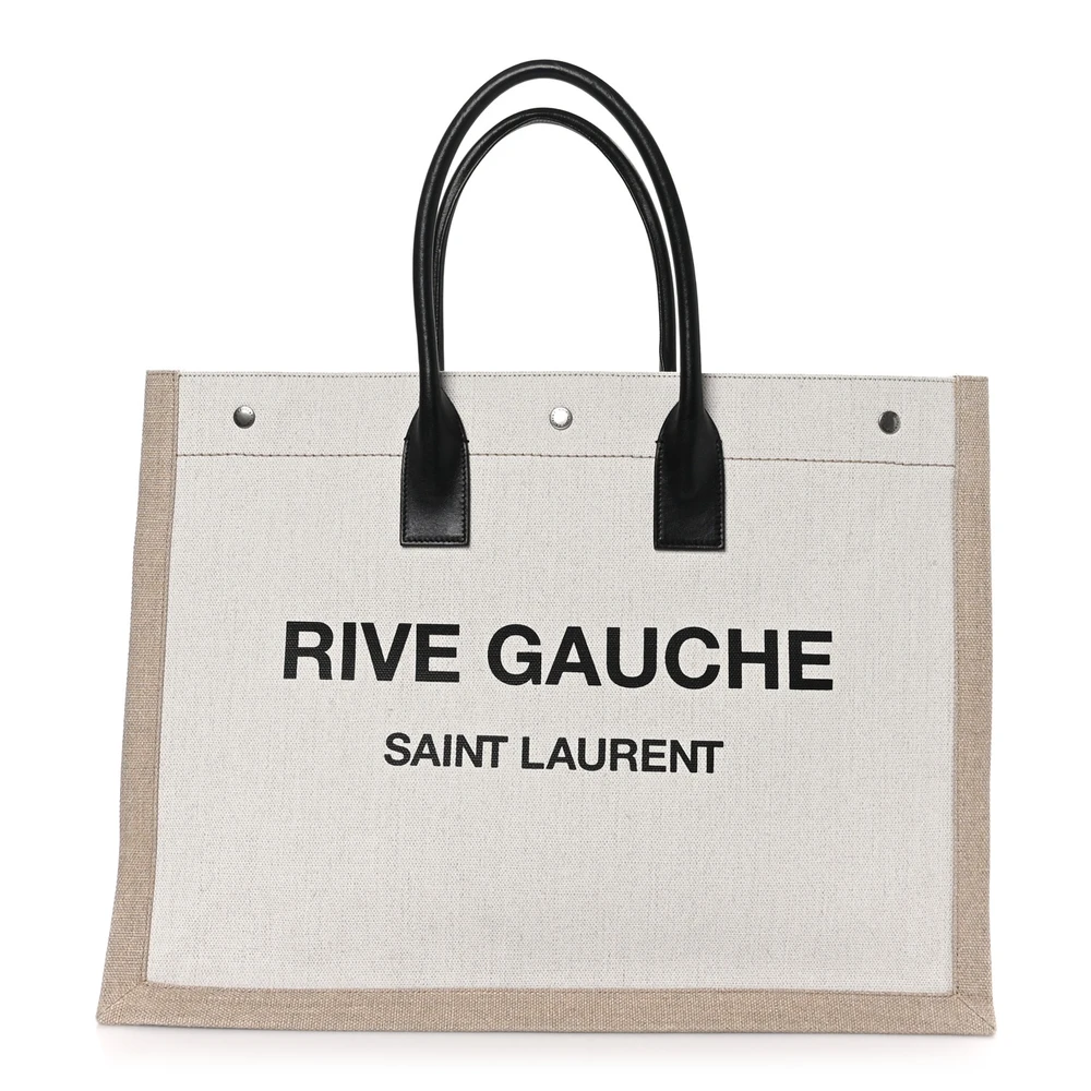Saint Laurent Optic White Linen & Calfskin Leather Large Rive Gauche Tote Front replica handbag
