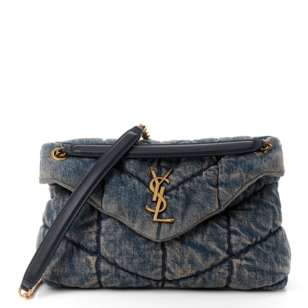Saint Laurent Rodeo Blue Quilted Puffer Monogram Denim Small Loulou Chain Satchel Gold Hardware Front replica handbag