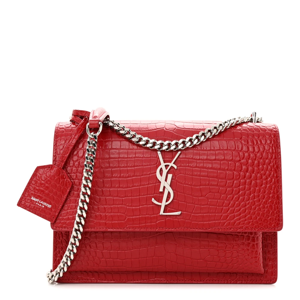 Saint Laurent Rouge Eros Embossed Monogram Calfskin & Crocodile Leather Medium Sunset Bag Silver Hardware Front replica handbag
