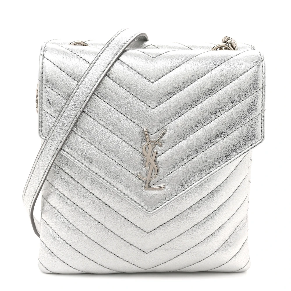 Saint Laurent Silver Quilted Metallic Lambskin Leather Medium Double Flap Bag Silver Hardware Front replica handbag