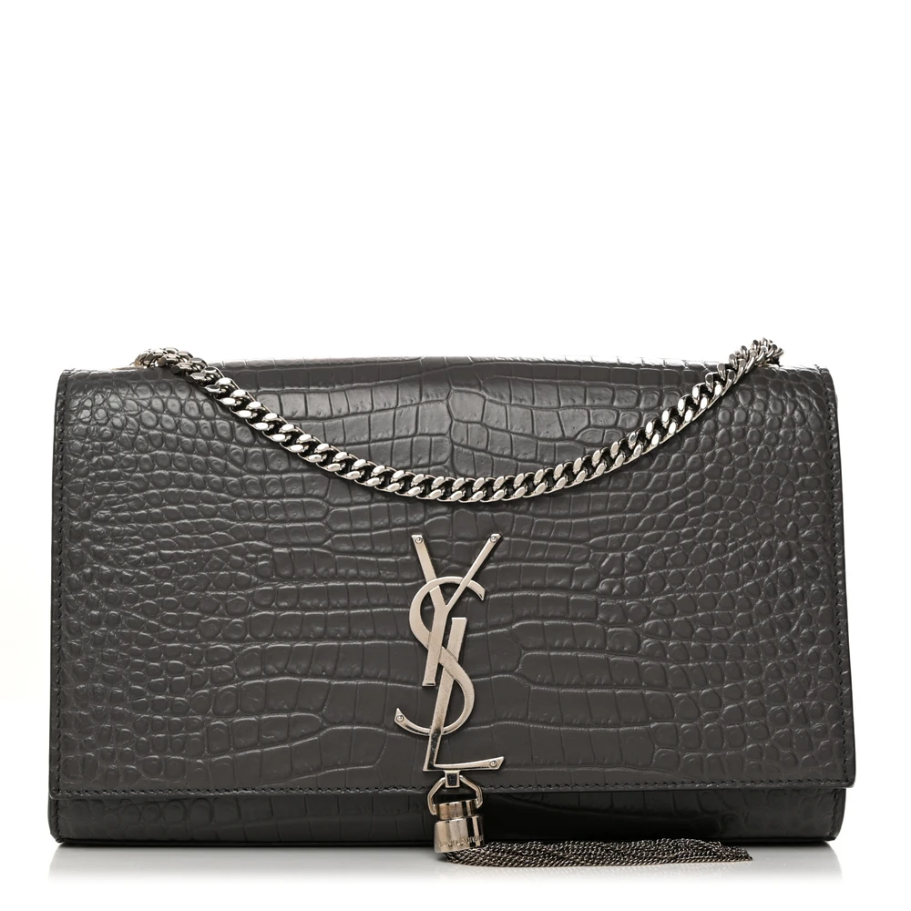 Saint Laurent Storm Embossed Classic Monogram Calfskin & Crocodile Leather Medium Kate Tassel Satchel Silver Hardware Front replica handbag