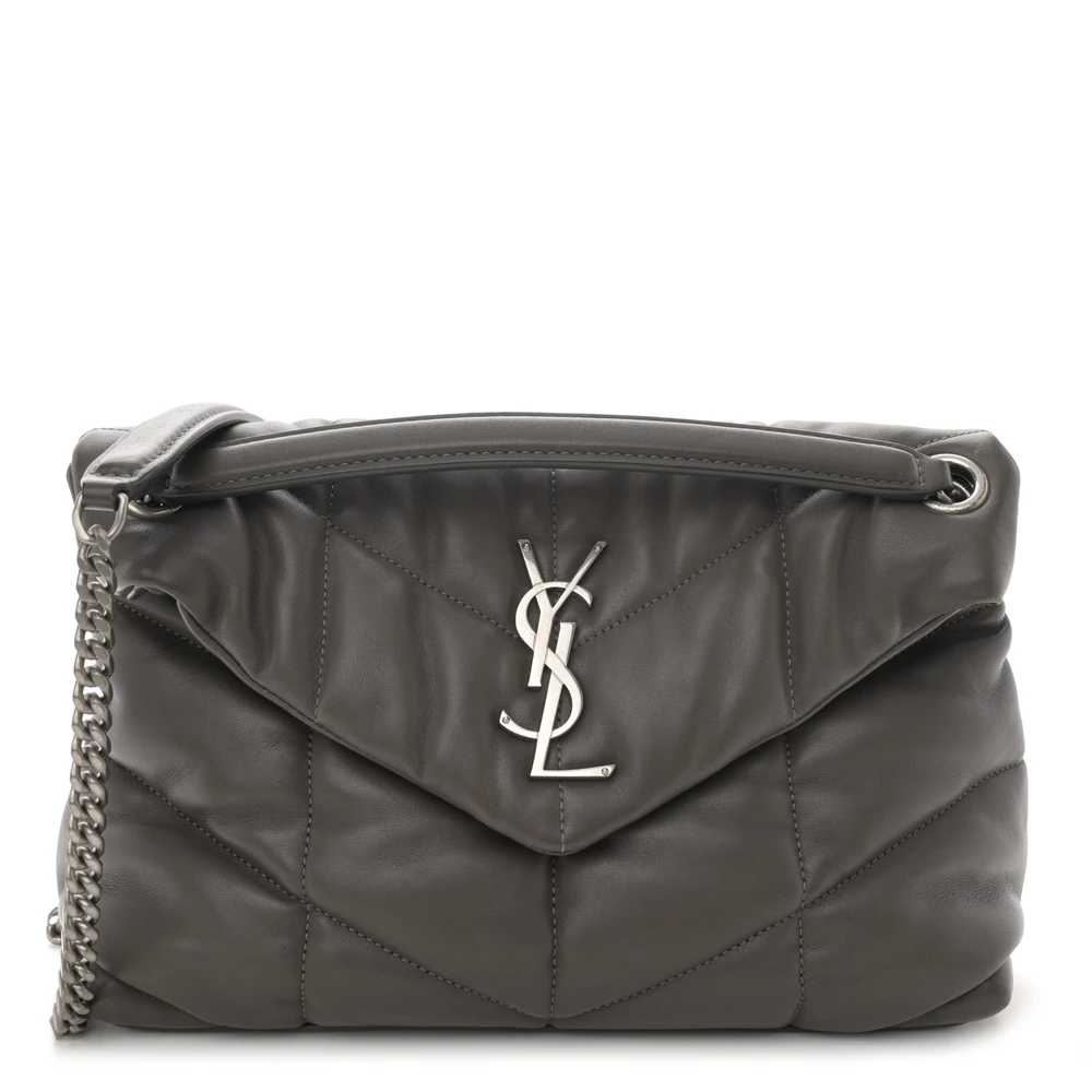 Saint Laurent Storm Quilted Puffer Monogram Lambskin Leather Small Loulou Chain Satchel Silver Hardware Front replica handbag