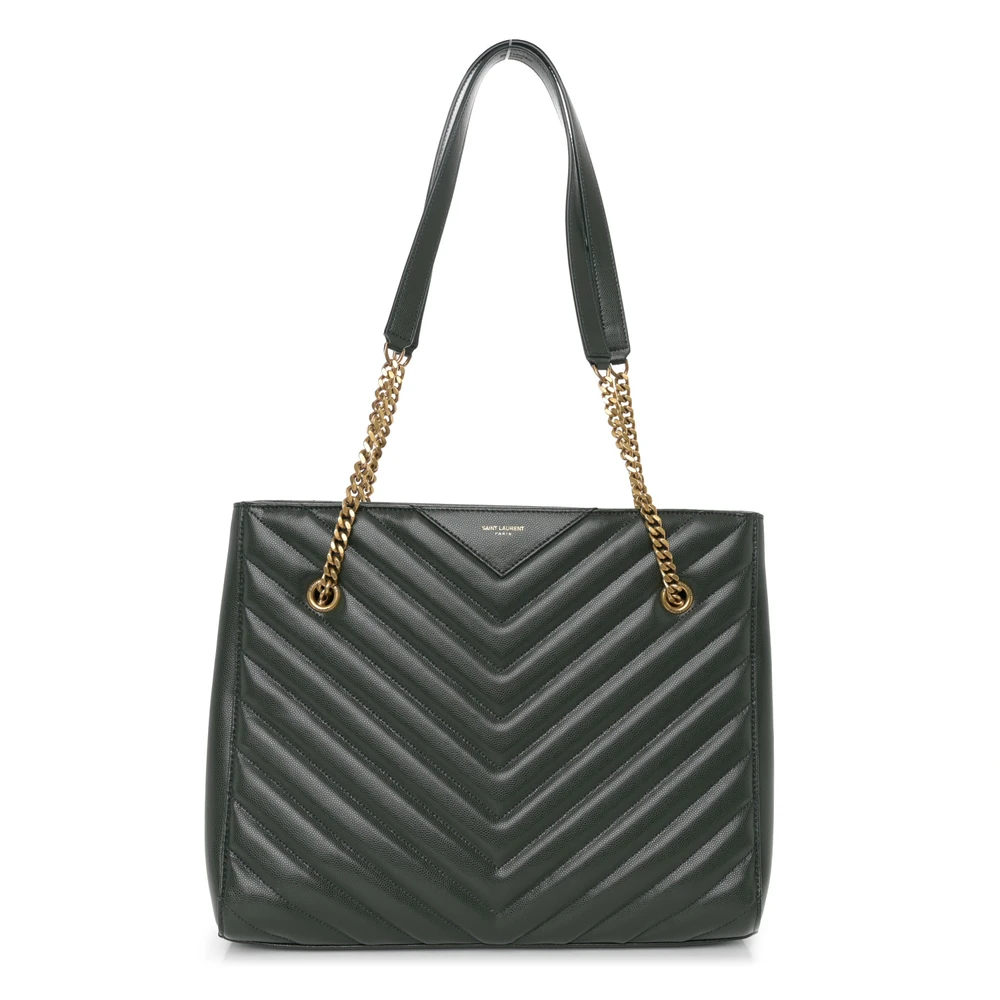 Saint Laurent Vert Fonce Chevron Grain De Poudre Matelasse Leather Medium Tribeca Shopping Bag Aged Gold Hardware Front replica handbag