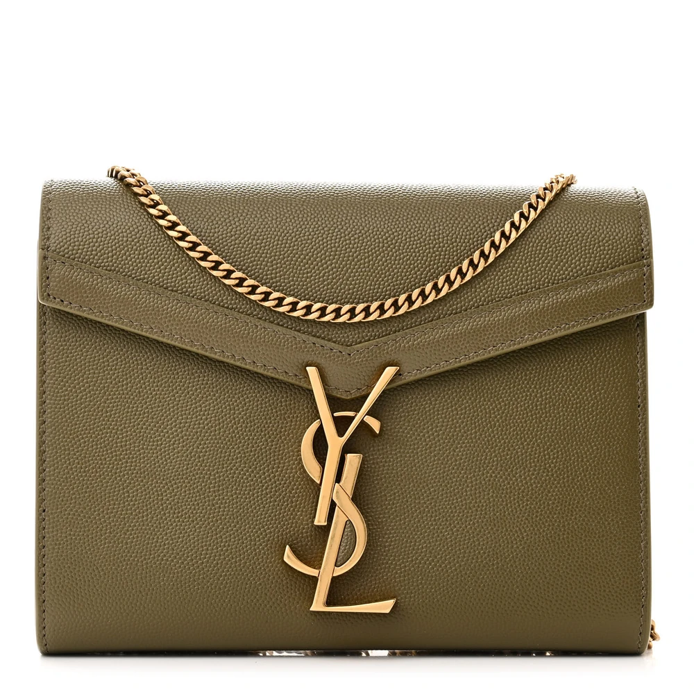 Saint Laurent Vert Kaki Monogram Grain De Poudre Leather Small Cassandra Chain Wallet Gold Hardware Front replica handbag