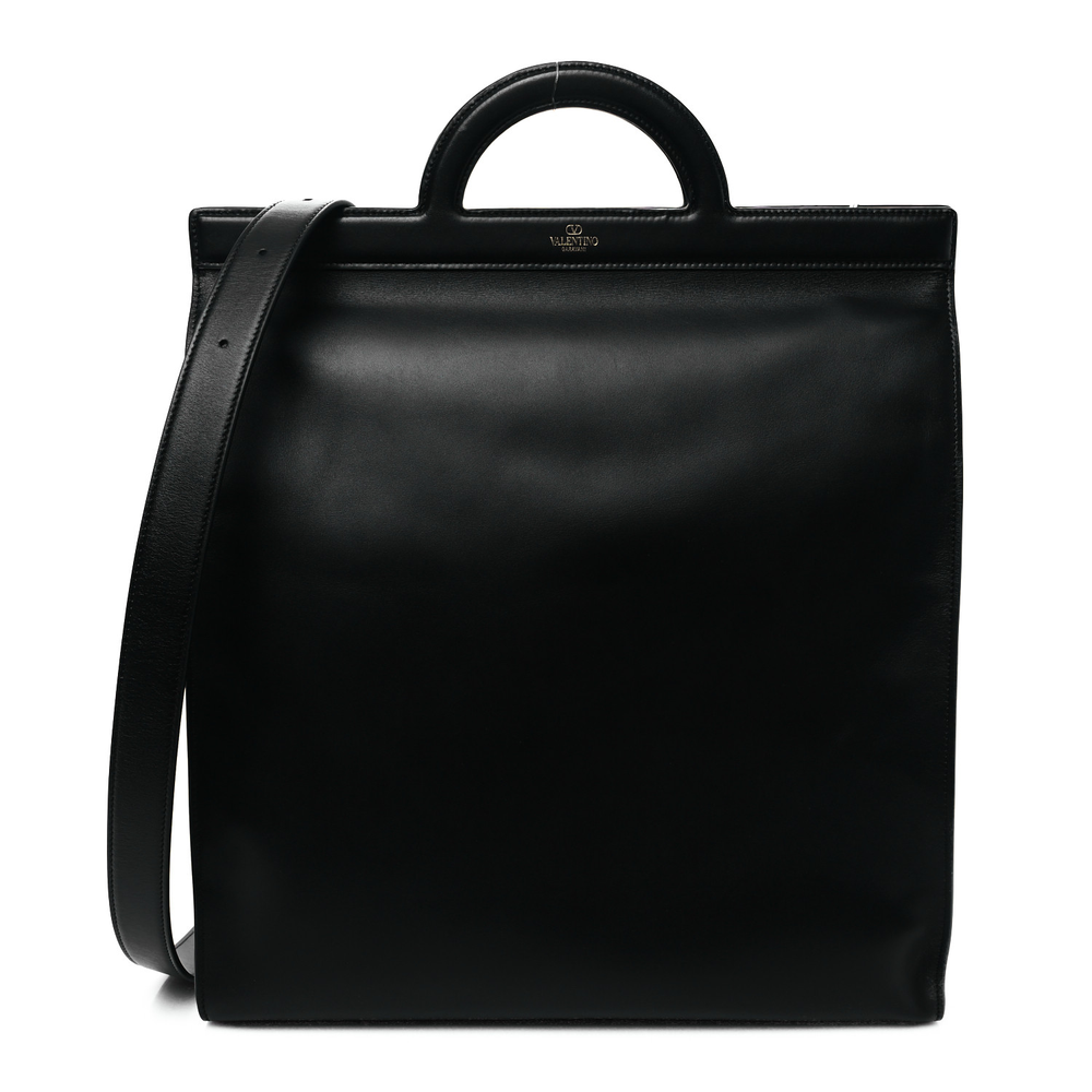 Valentino Garavani Black Calfskin Leather Medium Logo Crossbody Tote Incognito Hardware Front replica handbags