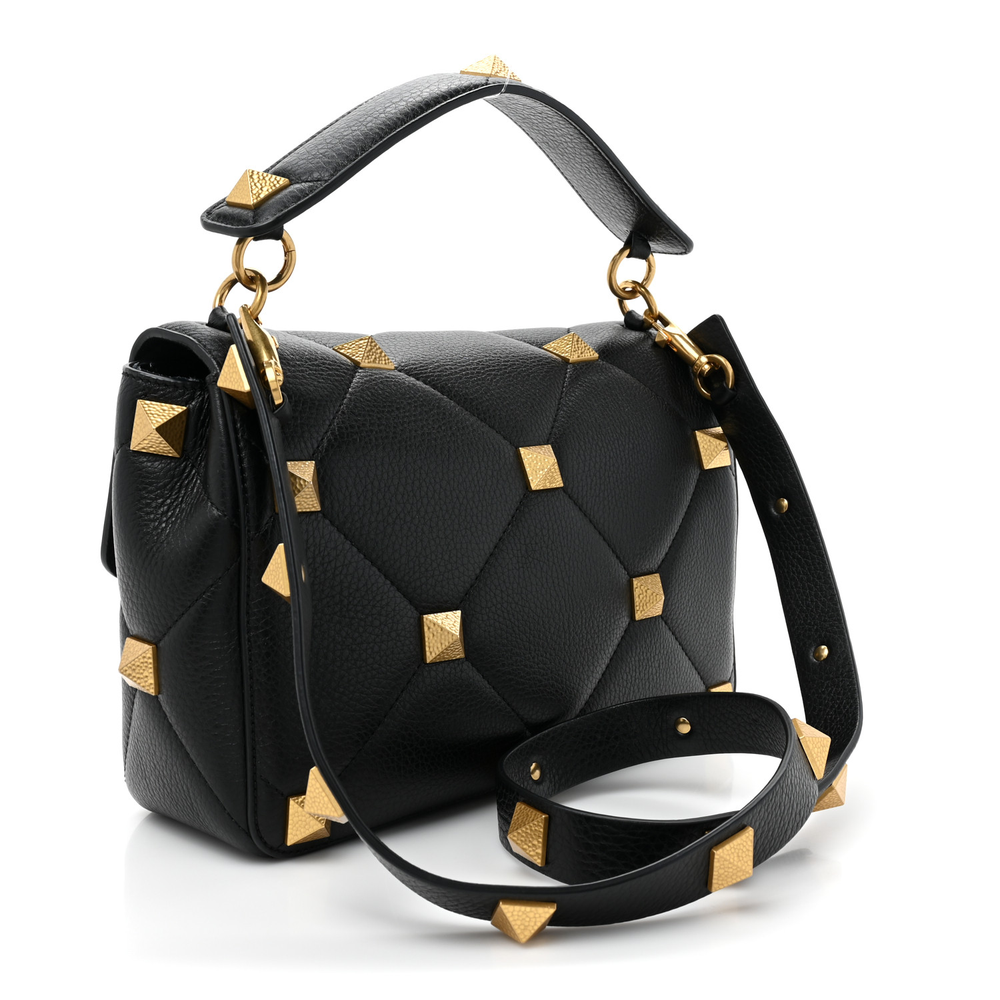 Valentino Garavani Black Grained Calfskin Leather Large Roman Stud Shoulder Bag Brass Hardware Top quality Replica - Image 3