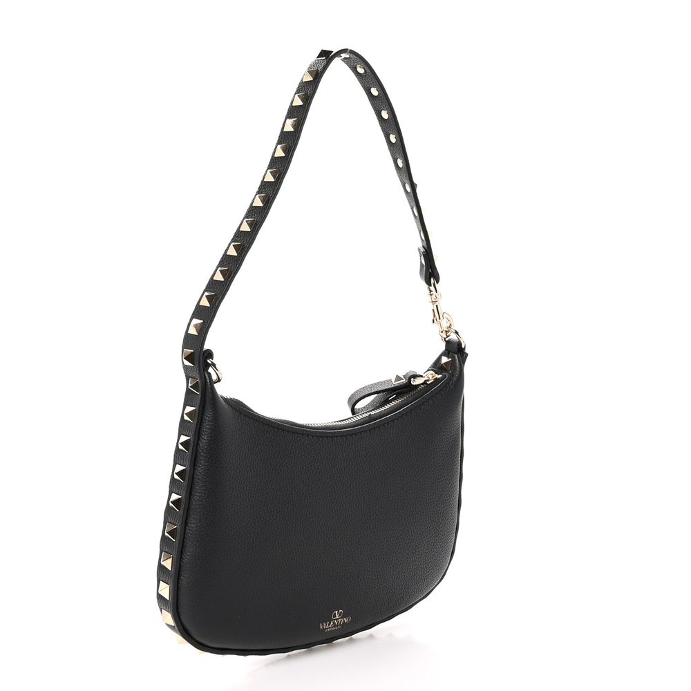 Valentino Garavani Black Grained Calfskin Leather Mini Rockstud Hobo Bag High-quality Replica - Image 3