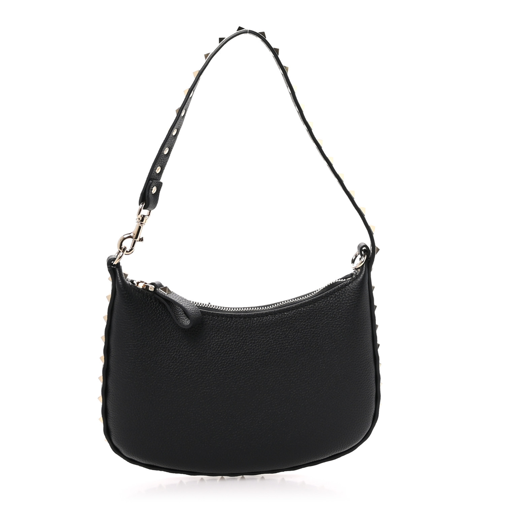 Valentino Garavani Black Grained Calfskin Leather Mini Rockstud Hobo Bag Front replica handbags