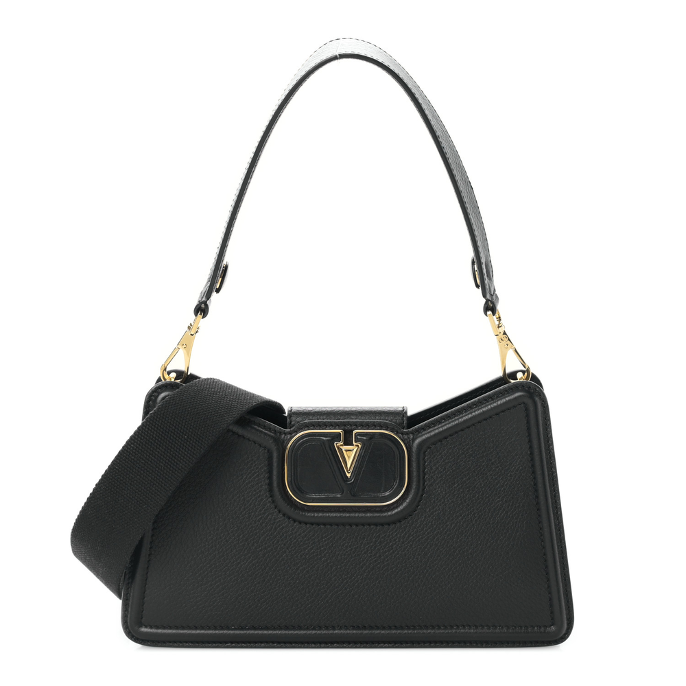 Valentino Garavani Black Grainy Calfskin Leather Medium VLogo Signature Shoulder Bag Gold Hardware Front replica handbags
