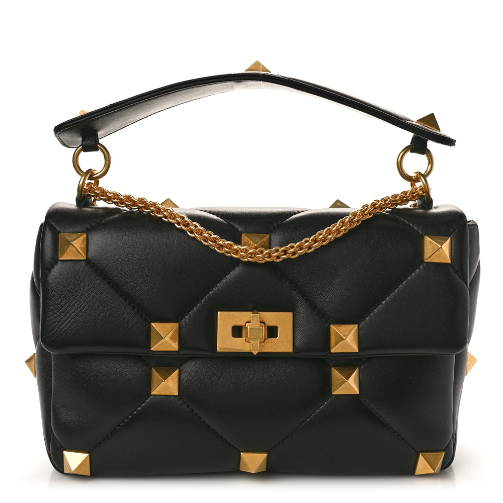 Valentino Garavani Black Nappa Leather Large Roman Stud Shoulder Bag Gold Hardware Front replica handbags