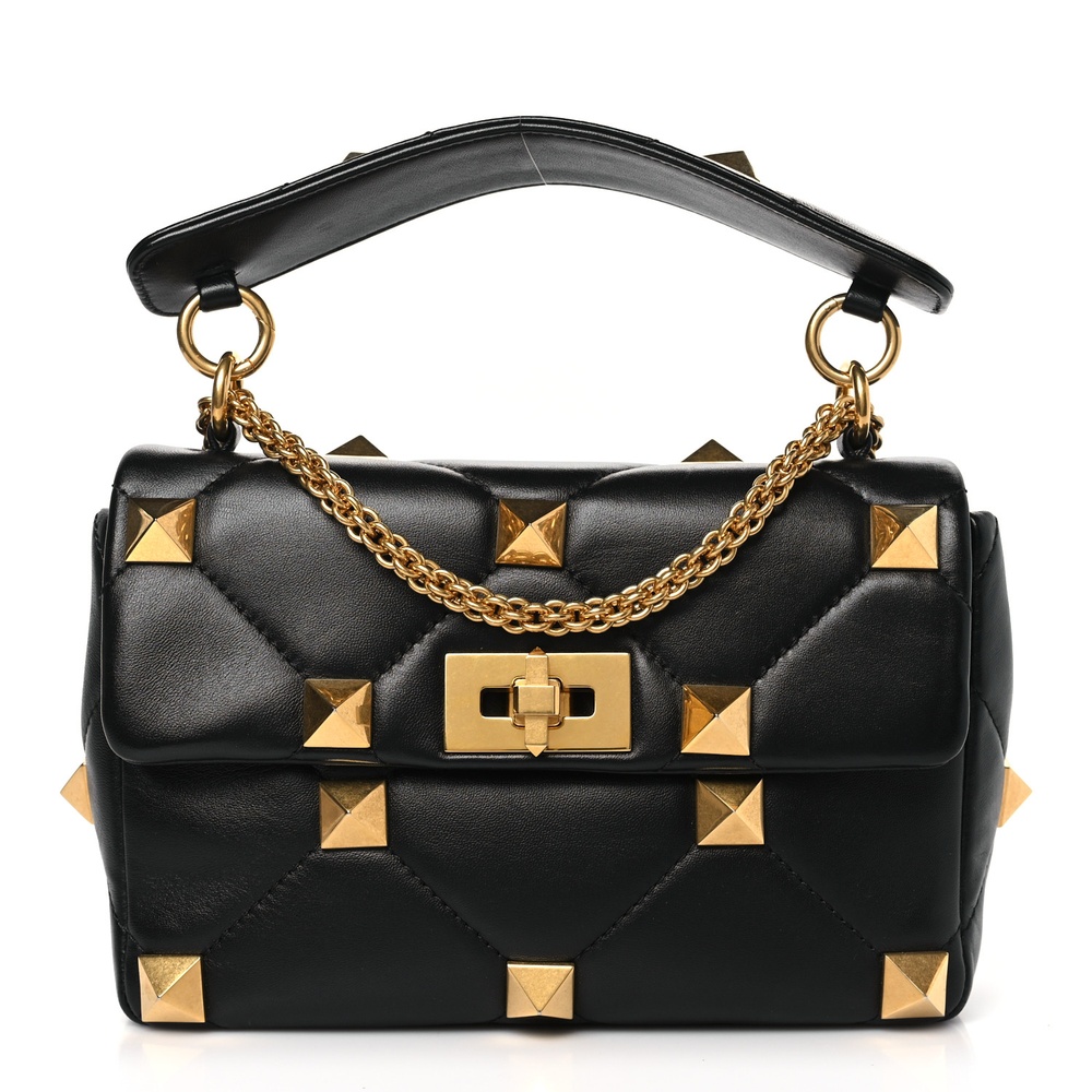 Valentino Garavani Black Nappa Leather Medium Roman Stud Shoulder Bag Light Gold Hardware Front replica handbags