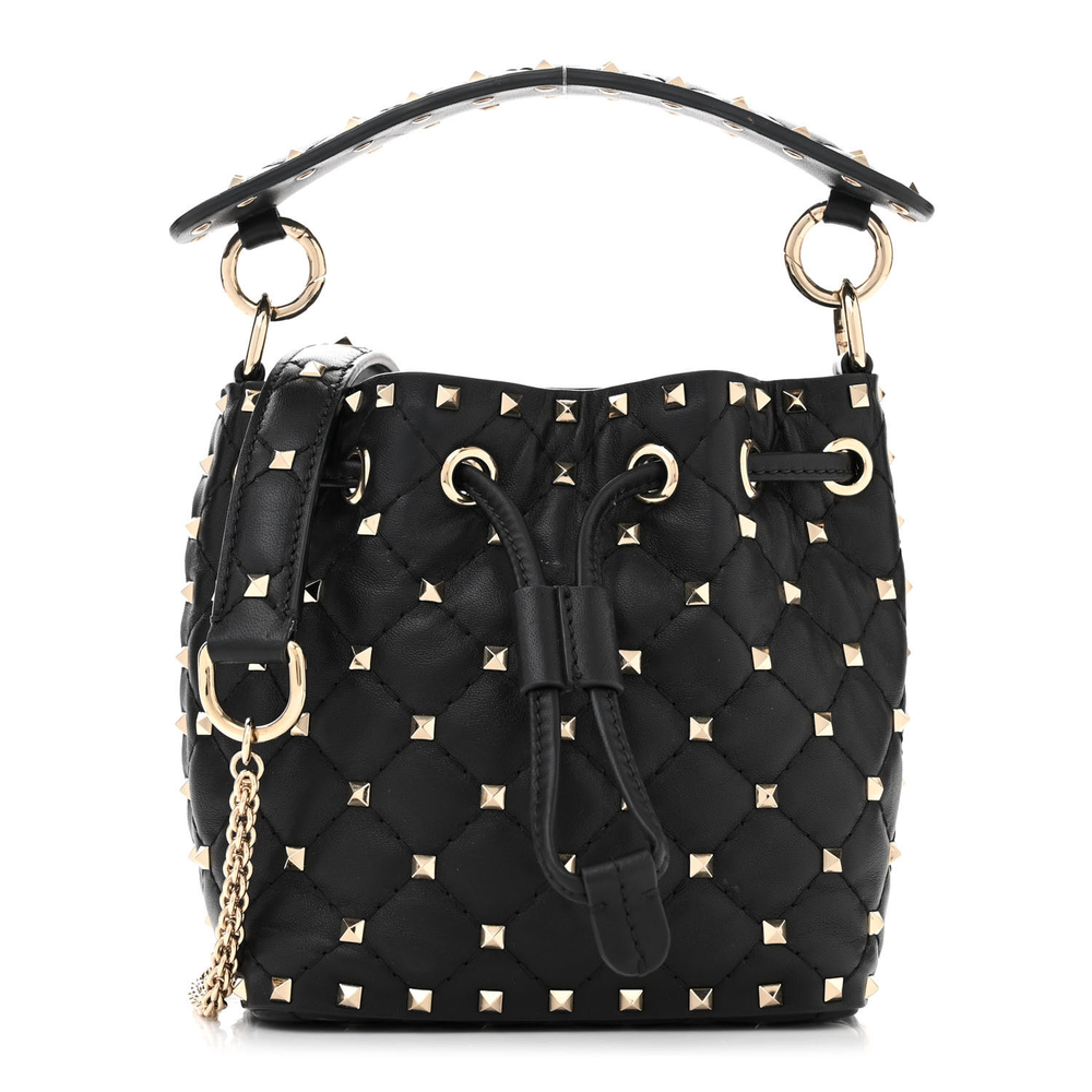 Valentino Garavani Black Nappa Leather Mini Rockstud Spike Bucket Bag Gold Hardware Front replica handbags