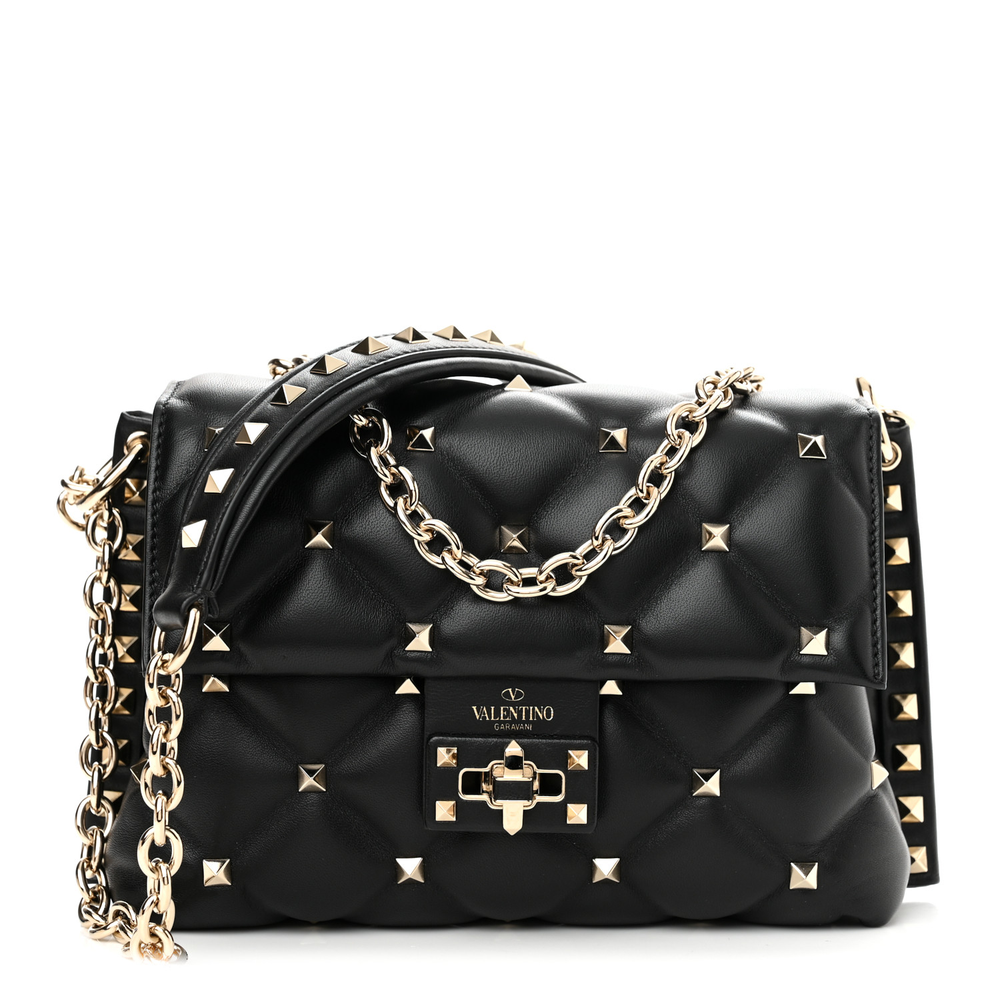 Valentino Garavani Black Nappa Leather Small Candystud Crossbody Bag Light Gold Hardware Front replica handbags