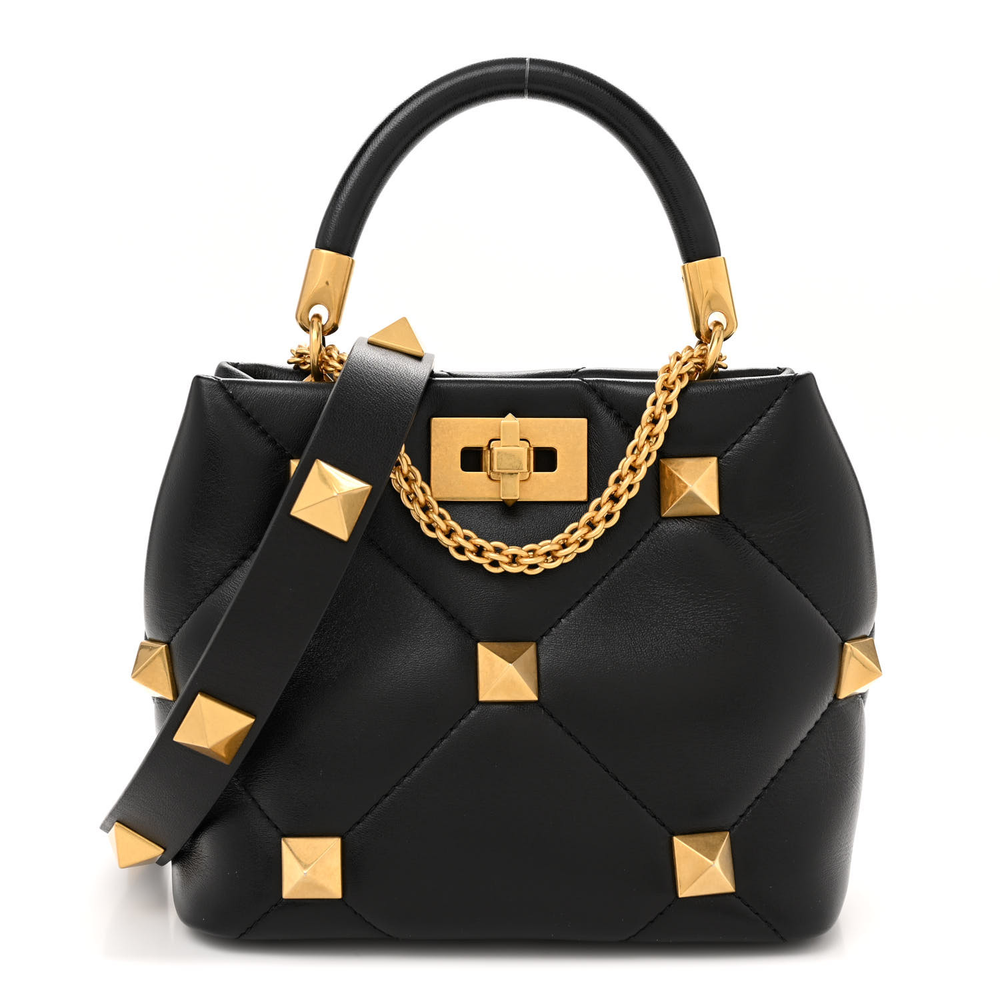 Valentino Garavani Black Nappa Leather Small Roman Stud The Handle Bag Gold Hardware Front replica handbags