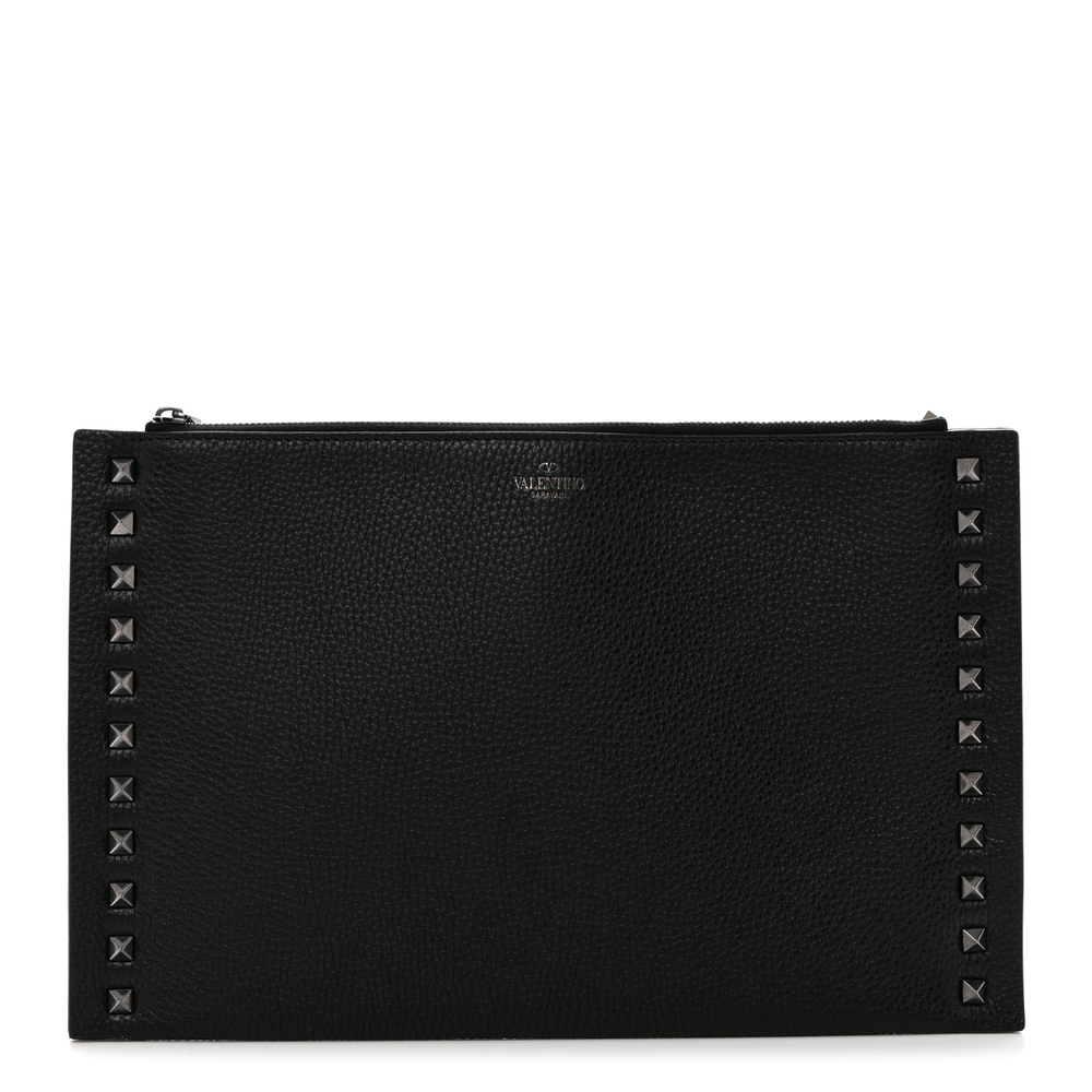 Valentino Garavani Black Pebbled Calfskin Leather Large Rockstud Flat Zip Pouch Gold Hardware Front replica handbags