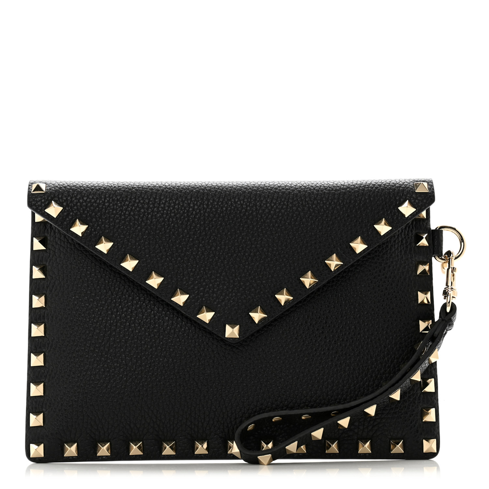 Valentino Garavani Black Pebbled Calfskin Leather Medium Rockstud Envelope Flat Wristlet Pouch Light Gold Hardware Front replica handbags