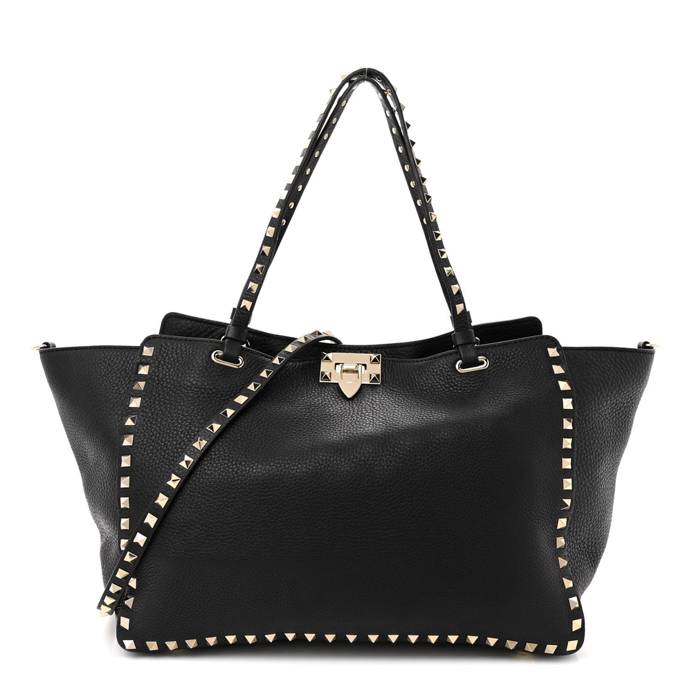 Valentino Garavani Black Pebbled Calfskin Leather Medium Rockstud Tote Gold Hardware Front replica handbags