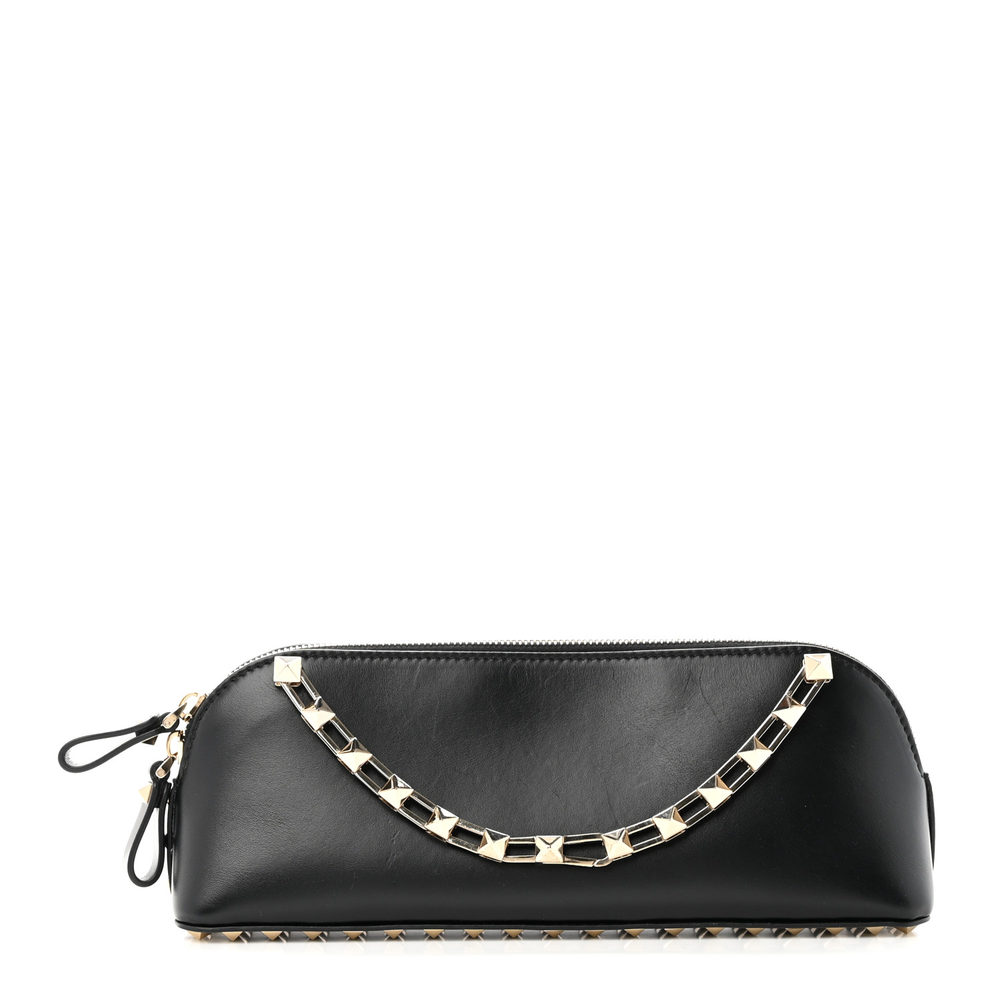 Valentino Garavani Black Smooth Calfskin Leather Medium Rockstud East-West Crossbody Clutch Bag Light Gold Hardware Front replica handbags