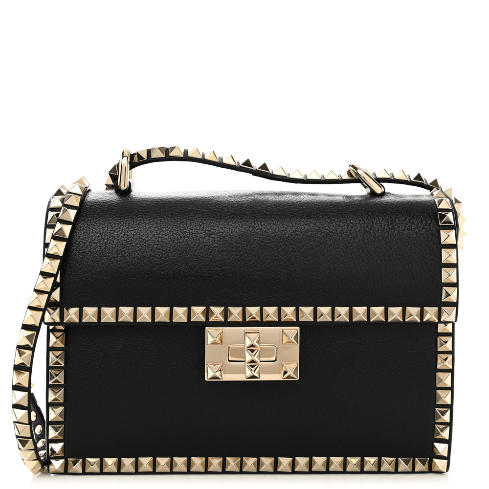 Valentino Garavani Black Vitello Leather Medium Rockstud No Limit Shoulder Bag Brass Hardware Front replica handbags