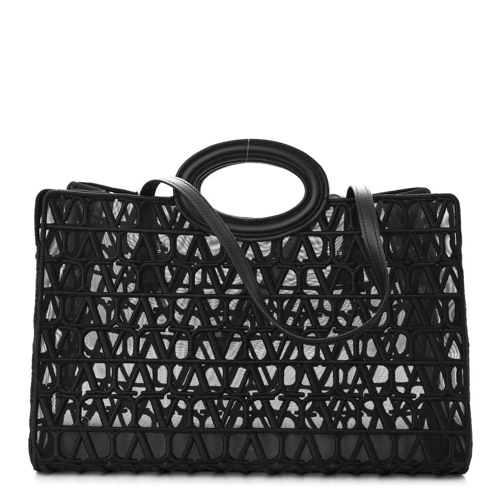 Valentino Garavani Black_Fondant Toile Iconographe Goatskin Leather Medium Le Troisième Shopping Bag Front replica handbags