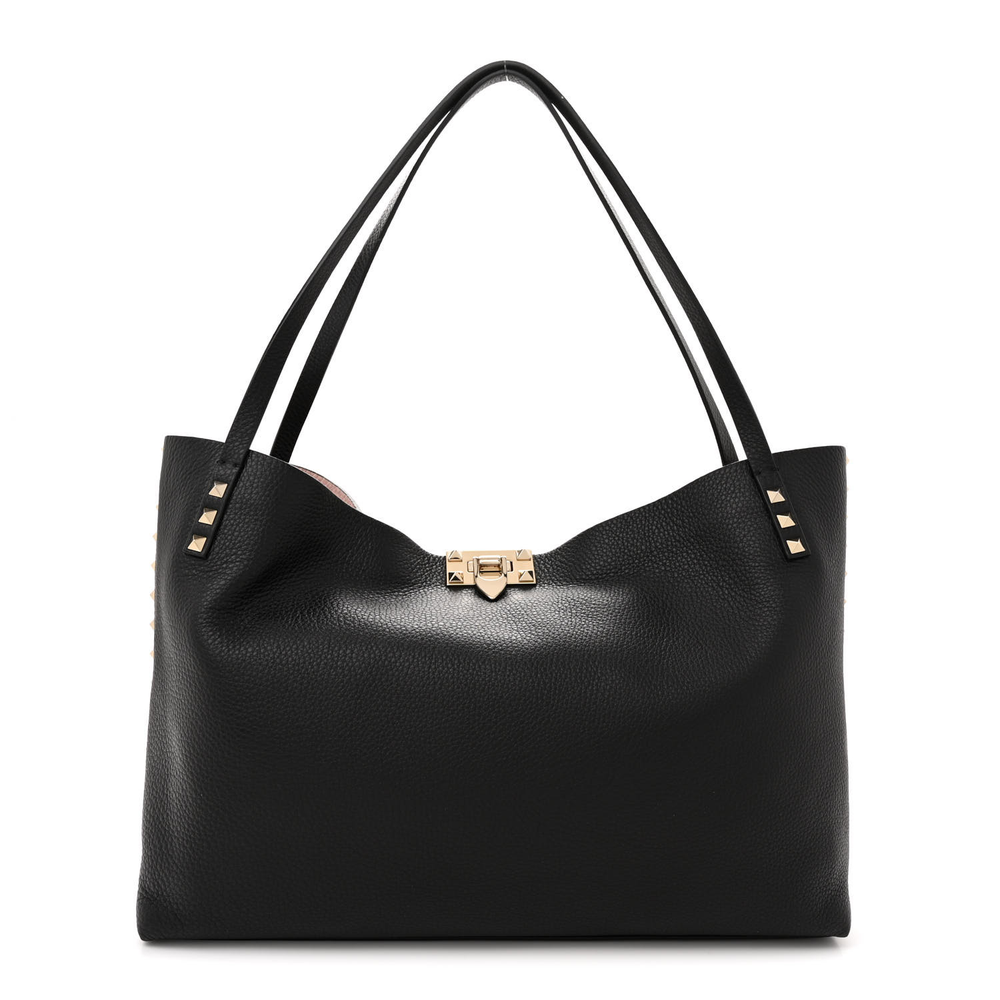 Valentino Garavani Black_Rose Quartz Grainy Calfskin Leather Medium Rockstud Tote Gold Hardware Front replica handbags