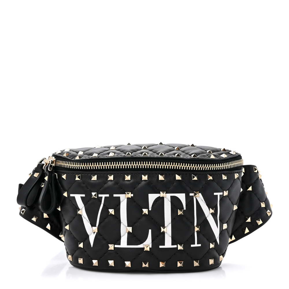 Valentino Garavani Black_White Lambskin Leather Medium VLTN Rockstud Spike It Belt Bag Light Gold Hardware Front replica handbags