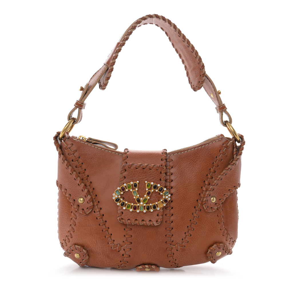 Valentino Garavani Brown Beaded Stitched Calfskin Leather Medium Crystal Logo Catch Shoulder Bag Front replica handbags