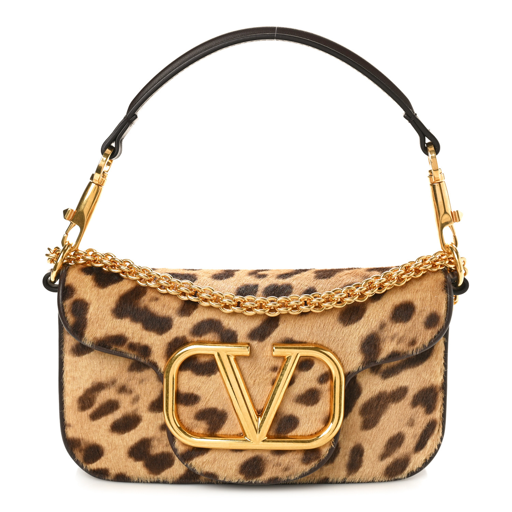 Valentino Garavani Brown Multicolor Pony Hair Leopard Small VLogo Locò Shoulder Bag Gold Hardware Front replica handbags