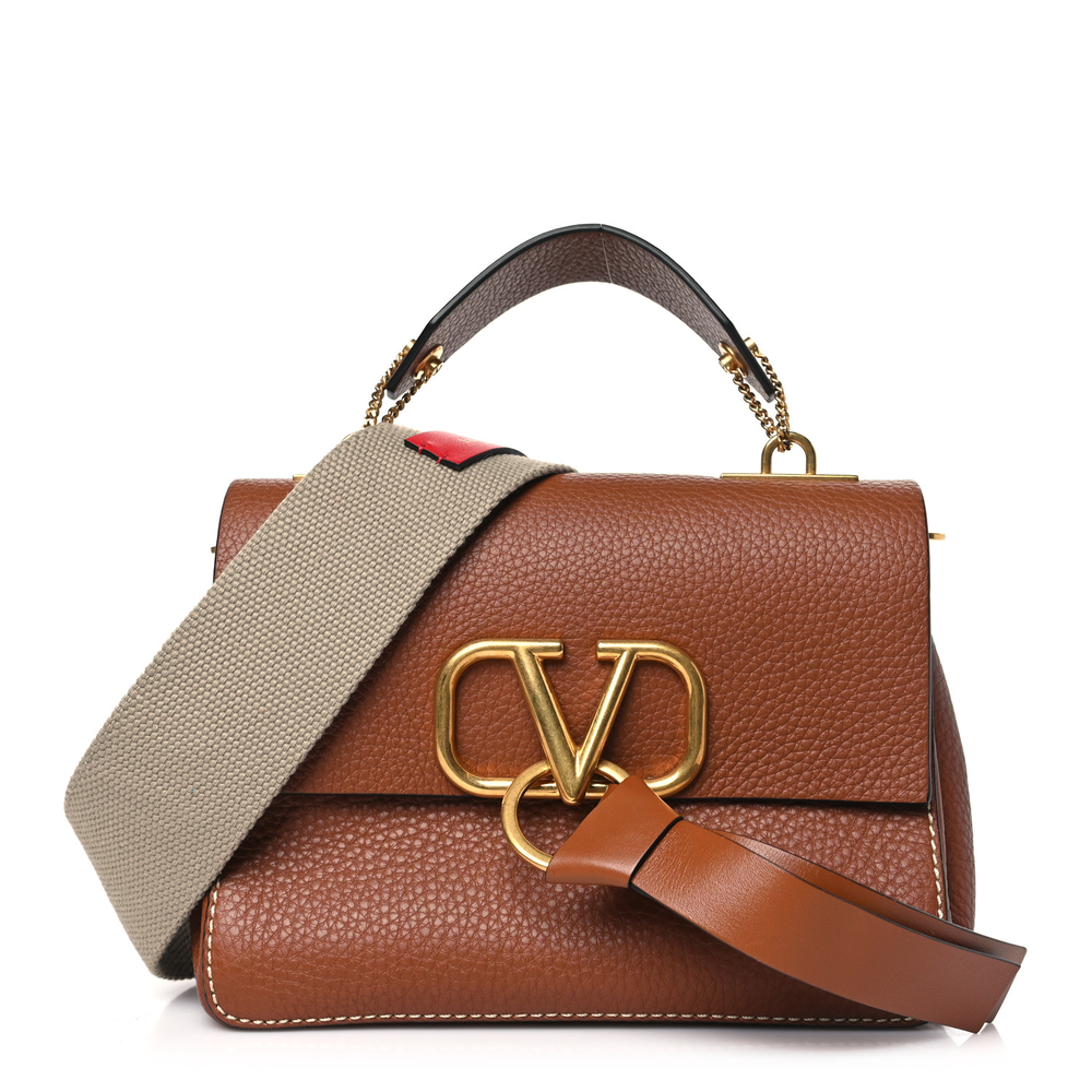 Valentino Garavani Brown Pebbled Calfskin Leather Small VRing Tassel Shoulder Bag Gold Hardware Front replica handbags