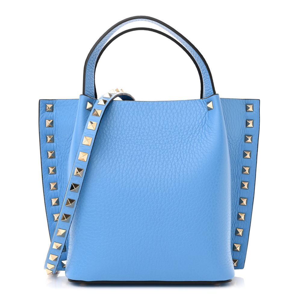 Valentino Garavani Denim Pebbled Calfskin Leather Small Rockstud Crossbody Tote Light Gold Hardware Front replica handbags