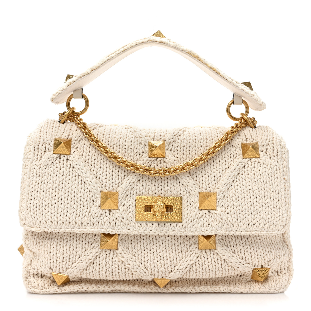 Valentino Garavani Ecru Knit Large Roman Stud Shoulder Bag Gold Hardware Front replica handbags